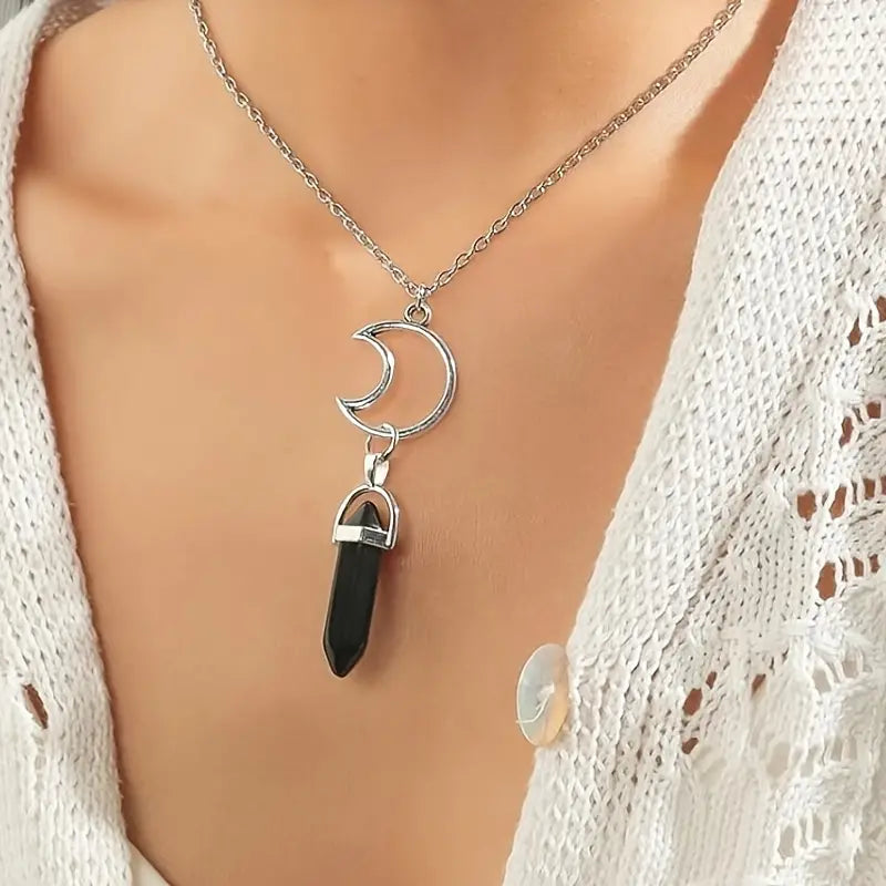 Vintage Sun Moon Necklace with Two Tone Hexagon Crystal Pendant Necklace Curious Things Black w/moon