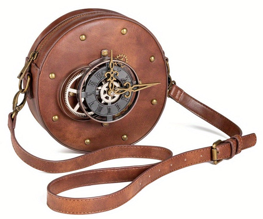 Steampunk Leather Motorcycle Crossbody Bag with Metal Clock Decor Curious Things