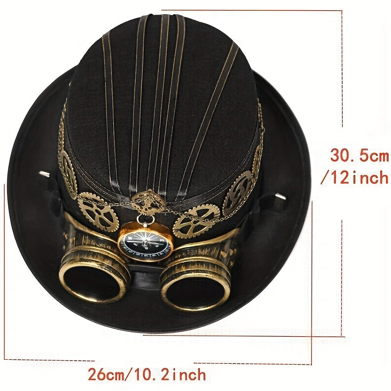 Unisex Steampunk Top Hat - Compass, Goggles, Detachable Gears Curious Things