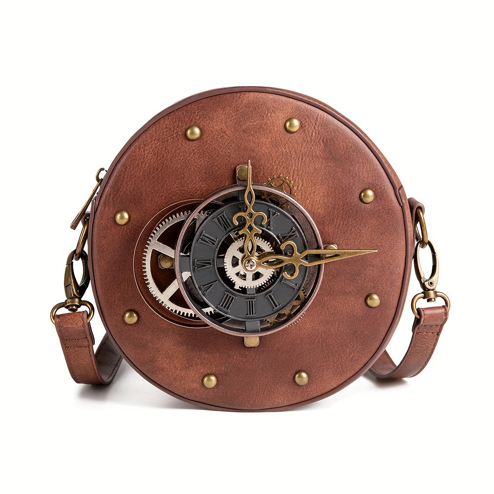 Steampunk Leather Motorcycle Crossbody Bag with Metal Clock Decor Curious Things