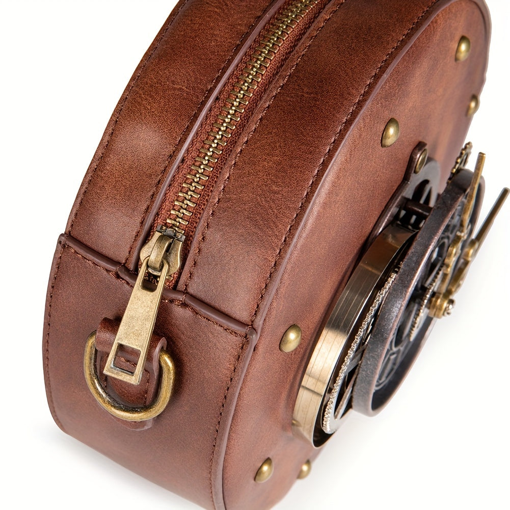 Steampunk Leather Motorcycle Crossbody Bag with Metal Clock Decor Curious Things