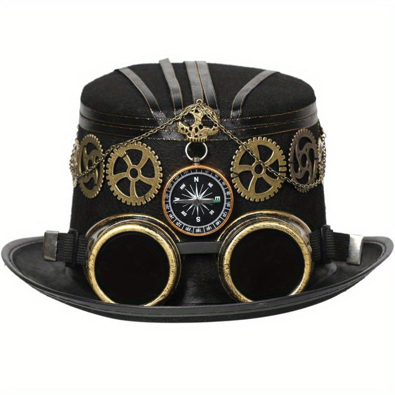 Unisex Steampunk Top Hat - Compass, Goggles, Detachable Gears Curious Things