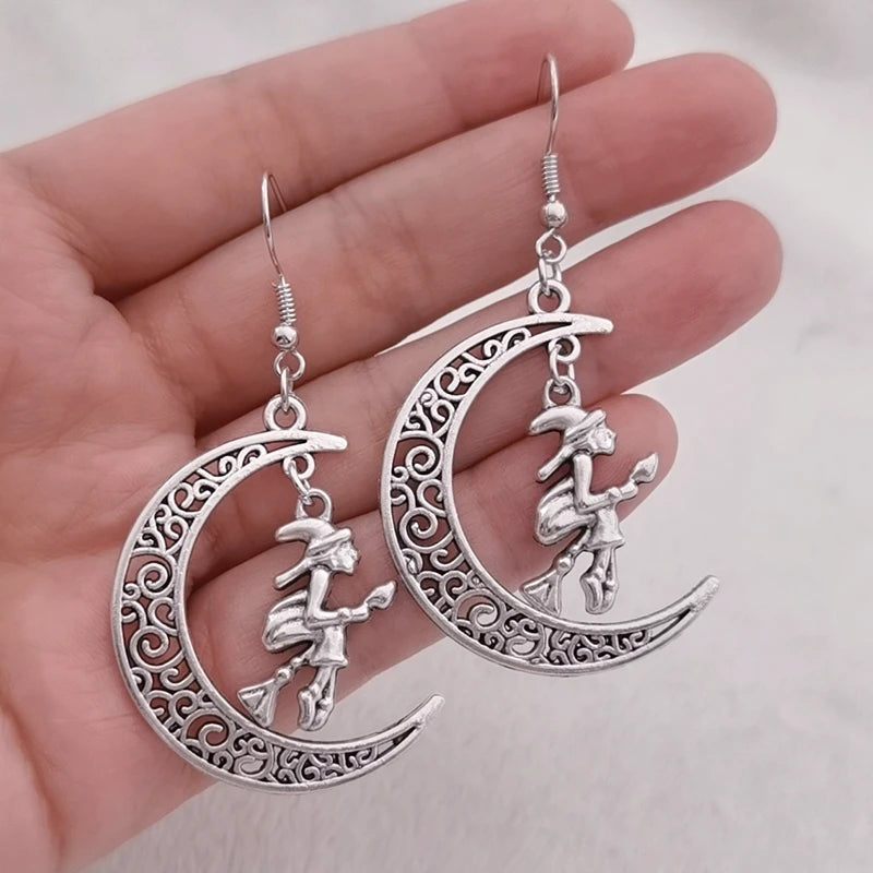 Flying Witch Crescent Moon Earrings Curious Things