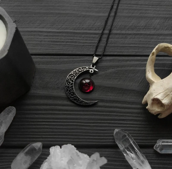Gothic Crescent with Red Moon Pendant