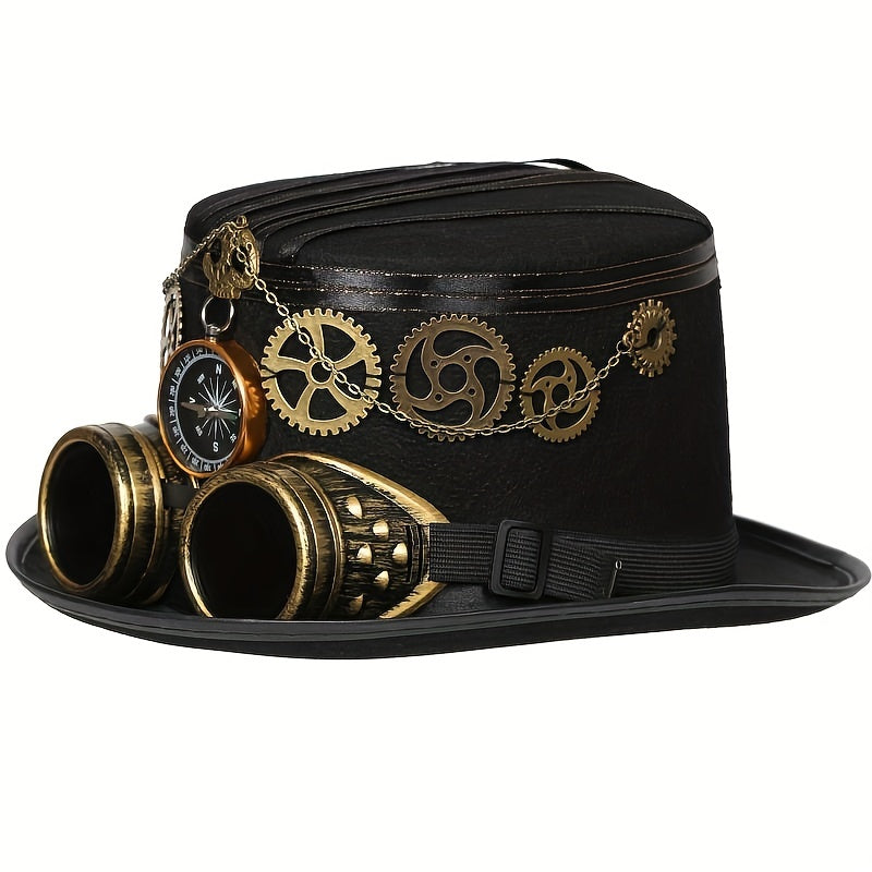 Unisex Steampunk Top Hat - Compass, Goggles, Detachable Gears Curious Things