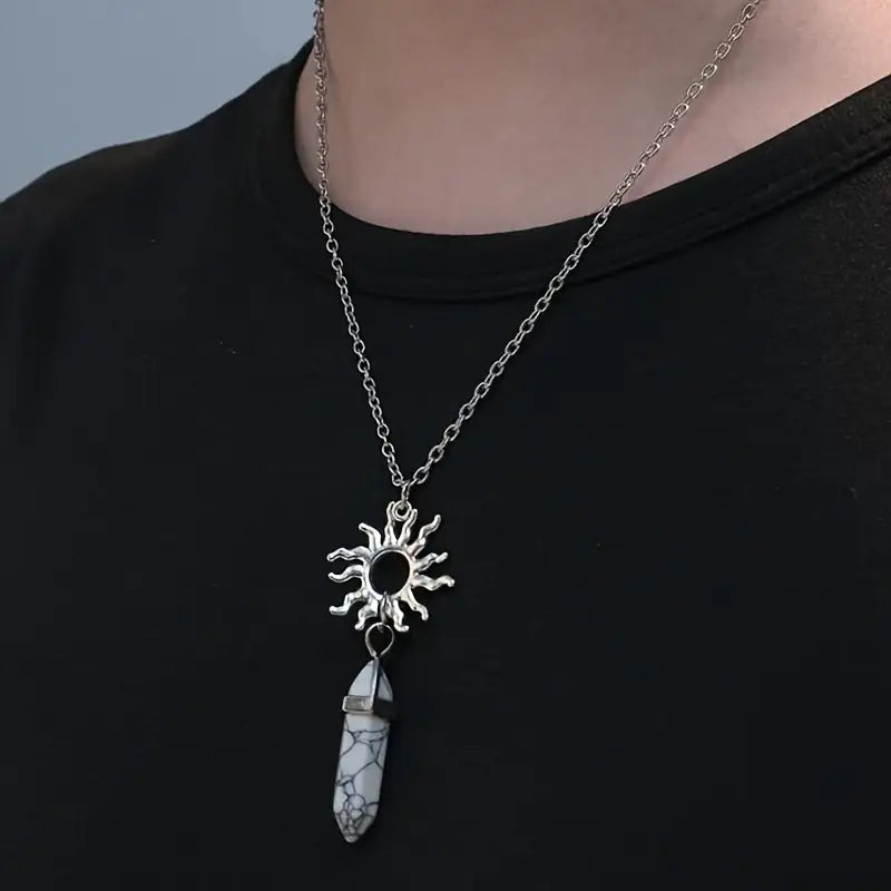 Vintage Sun Moon Necklace with Two Tone Hexagon Crystal Pendant Necklace Curious Things White w/sun