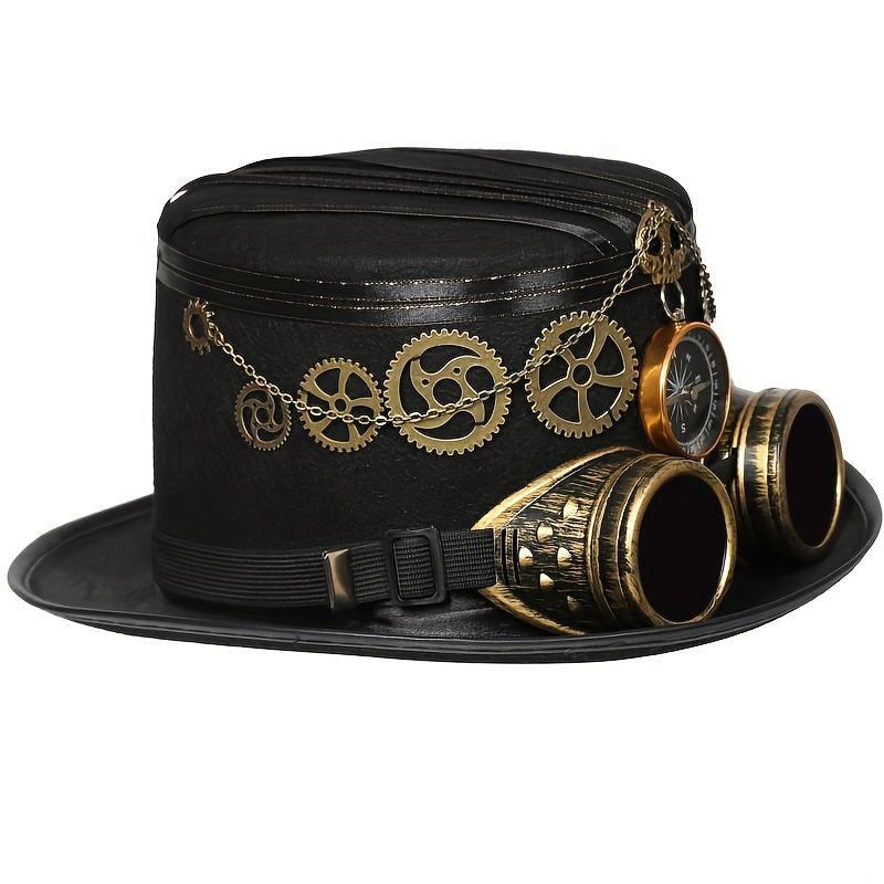 Unisex Steampunk Top Hat - Compass, Goggles, Detachable Gears Curious Things