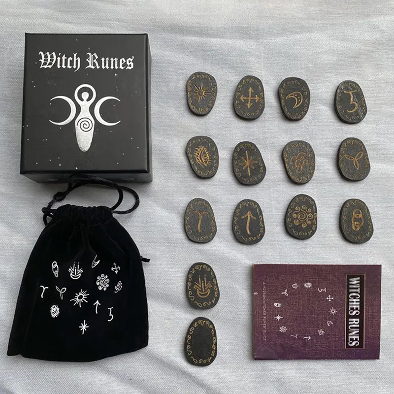 14pc Rune Set - Wood Engraved Runes Witch Rune Stones Curious Things