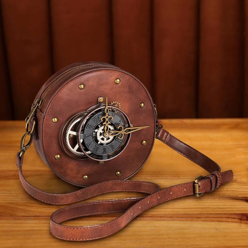 Steampunk Leather Motorcycle Crossbody Bag with Metal Clock Decor Curious Things