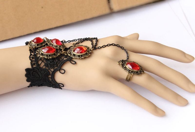 Vintage Black Gothic Steampunk Red Ruby Gemstone Lace Crochet Bracelet Steampunk Curious Things