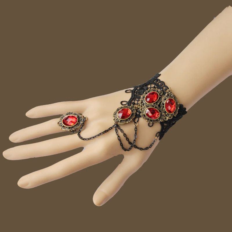 Vintage Black Gothic Steampunk Red Ruby Gemstone Lace Crochet Bracelet Steampunk Curious Things