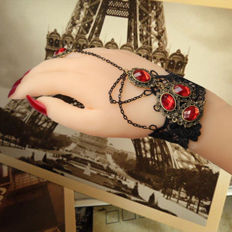 Vintage Black Gothic Steampunk Red Ruby Gemstone Lace Crochet Bracelet Steampunk Curious Things