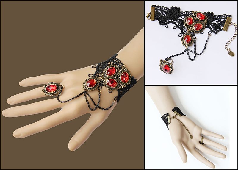 Vintage Black Gothic Steampunk Red Ruby Gemstone Lace Crochet Bracelet Steampunk Curious Things