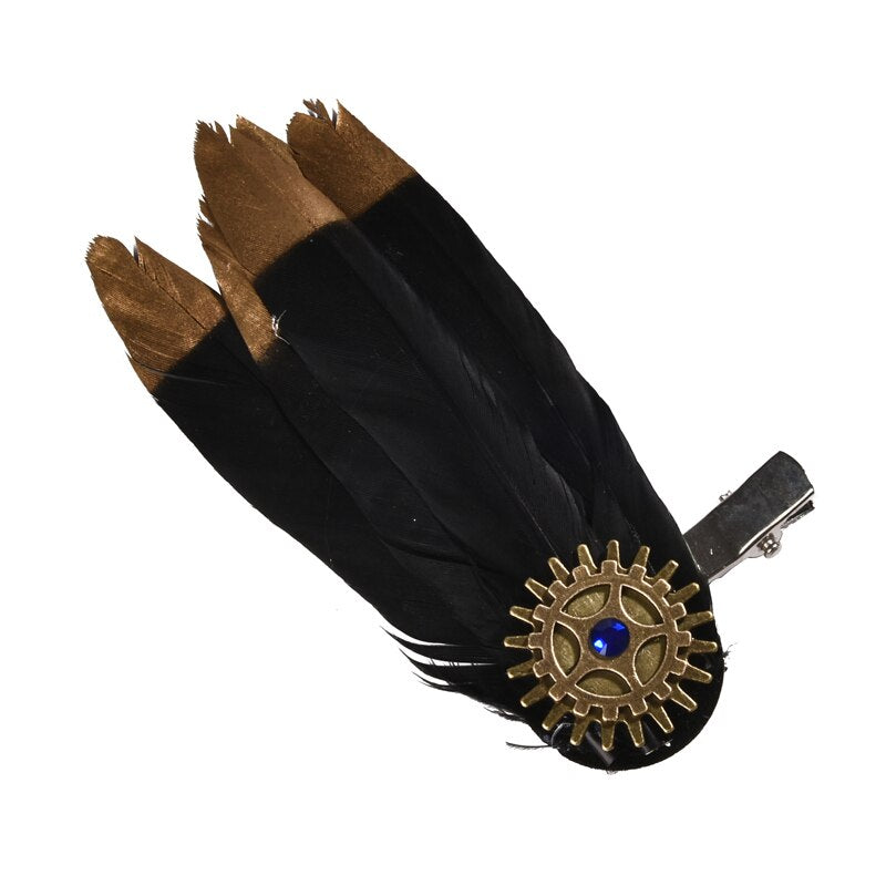 Steampunk Clock Gear Feather Hair Clip Steampunk Curious Things Black