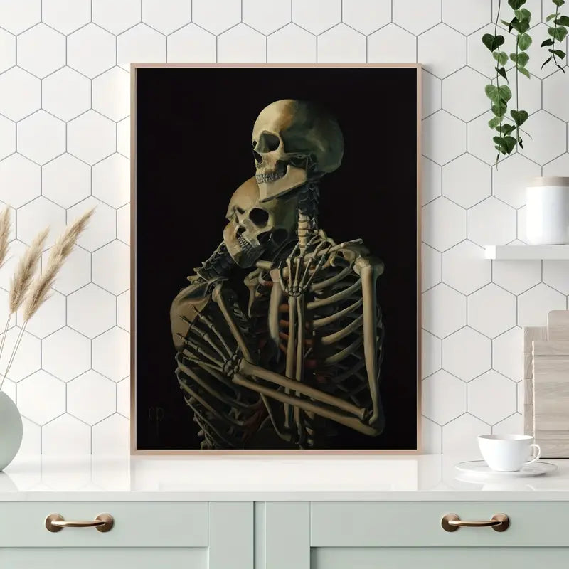 Wall Art - A3 Canvas Hugging Skeleton Couple  Curious Things   