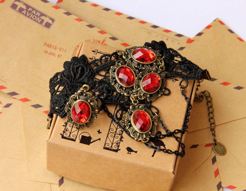 Vintage Black Gothic Steampunk Red Ruby Gemstone Lace Crochet Bracelet Steampunk Curious Things   