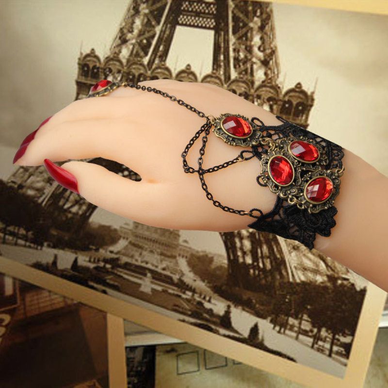 Vintage Black Gothic Steampunk Red Ruby Gemstone Lace Crochet Bracelet Steampunk Curious Things   