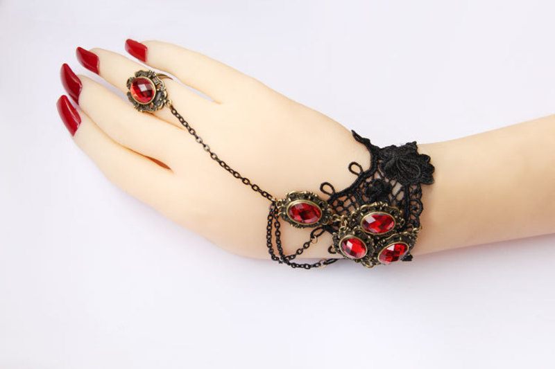 Vintage Black Gothic Steampunk Red Ruby Gemstone Lace Crochet Bracelet Steampunk Curious Things   