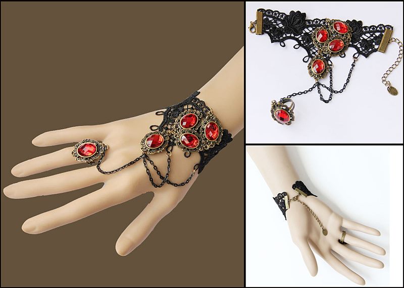 Vintage Black Gothic Steampunk Red Ruby Gemstone Lace Crochet Bracelet Steampunk Curious Things   